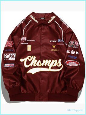 Oversized Faux Leather Bomber Jacket Racing Style Vintage Streetwear